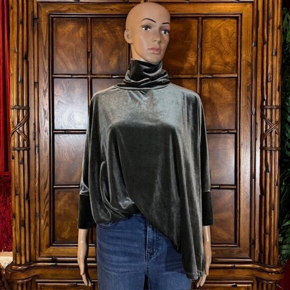 WynneLayers Dark Slate Stretch Velvet Side Slit Turtleneck Top - Picture 1 of 16